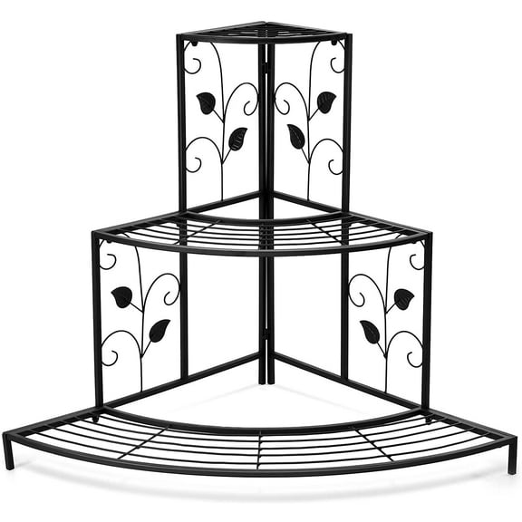 GRAFFY 3 Tier Metal  Stand Flower Pot Rack, Ladder  Display Rack, Quarter Round  Corner Shelf Planters Display Holder for Indoor Outdoor Use, Black