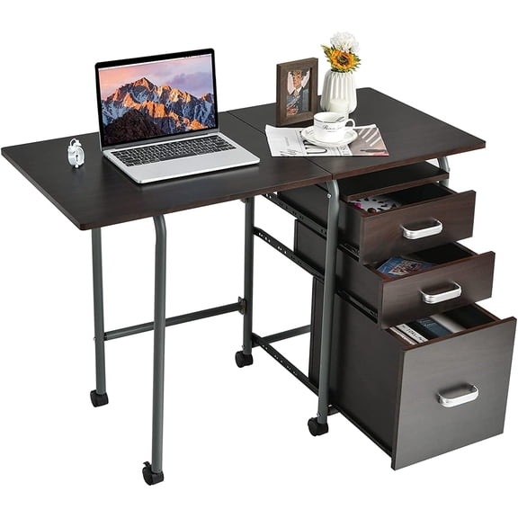 GRAFFY Computer Desk, Small Laptop Work Desk w/Folding Table top & 3 Storage Drawers, Collapsible Desk w/6 Wheels, Writing Workstation Laptop Table for Home Office, Brown (Brown)