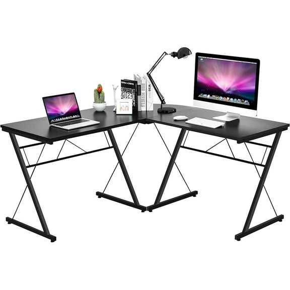 GRAFFY L-Shaped Computer Desk - Gaming Corner Workstation with Large Monitor Stand, Round Corner, Multifunctional Home Office Desk (Black)