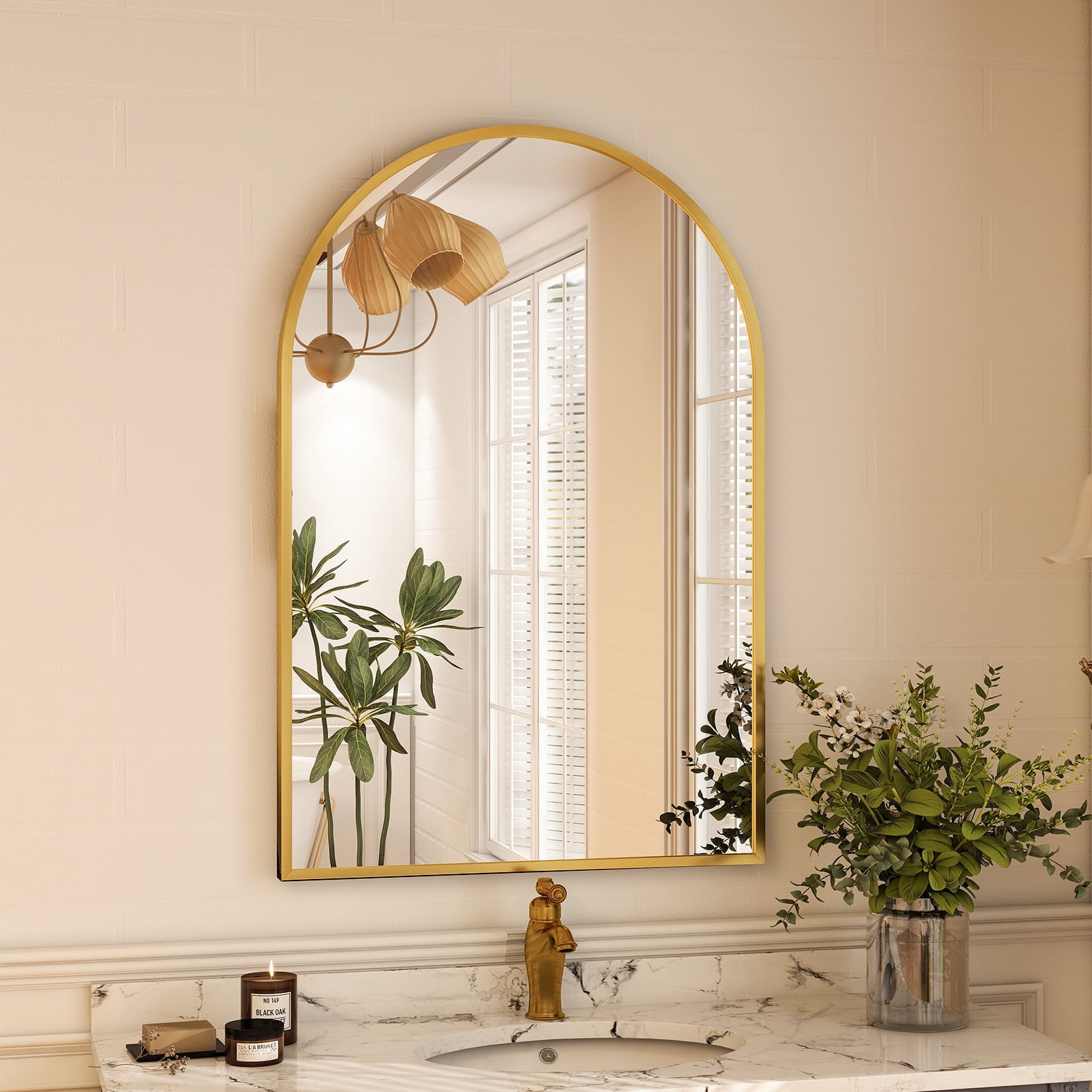 GRAHMCY 16"x24" Arched Bathroom Mirror Wall Mounted Vanity Hanging Mirror, Gold