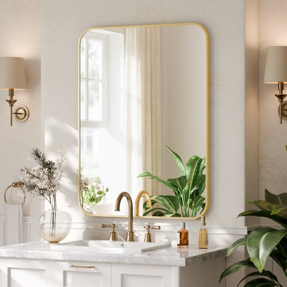 GRAHMCY 20"x28" Bathroom Mirror Wall-Mounted Vanity Mirror with Rectangular Metal Frame, Gold