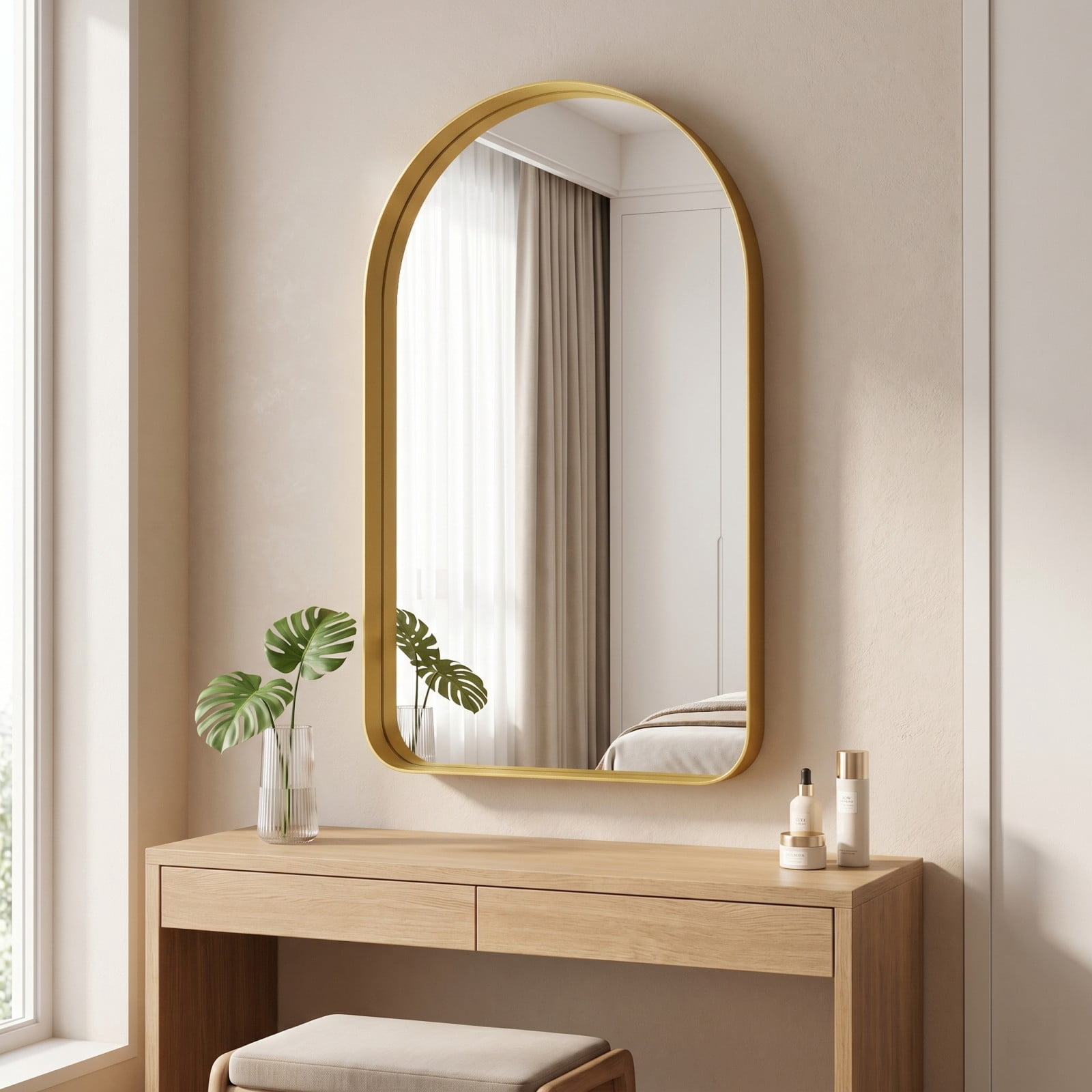 GRAHMCY 20"x30" Arched Bathroom Mirror Rounded Corner Vanity Wall Mirror with Deep Frame, Gold