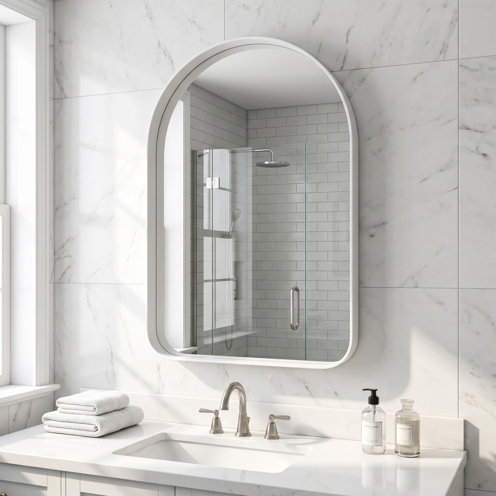 GRAHMCY 20"x30" Arched Bathroom Mirror Rounded Corner Vanity Wall Mirror with Deep Frame, White