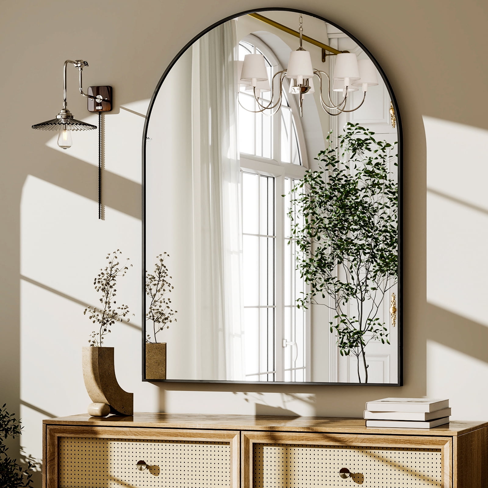 GRAHMCY 20"x30" Arched Bathroom Mirror Wall Mounted Vanity Hanging Mirror, Black