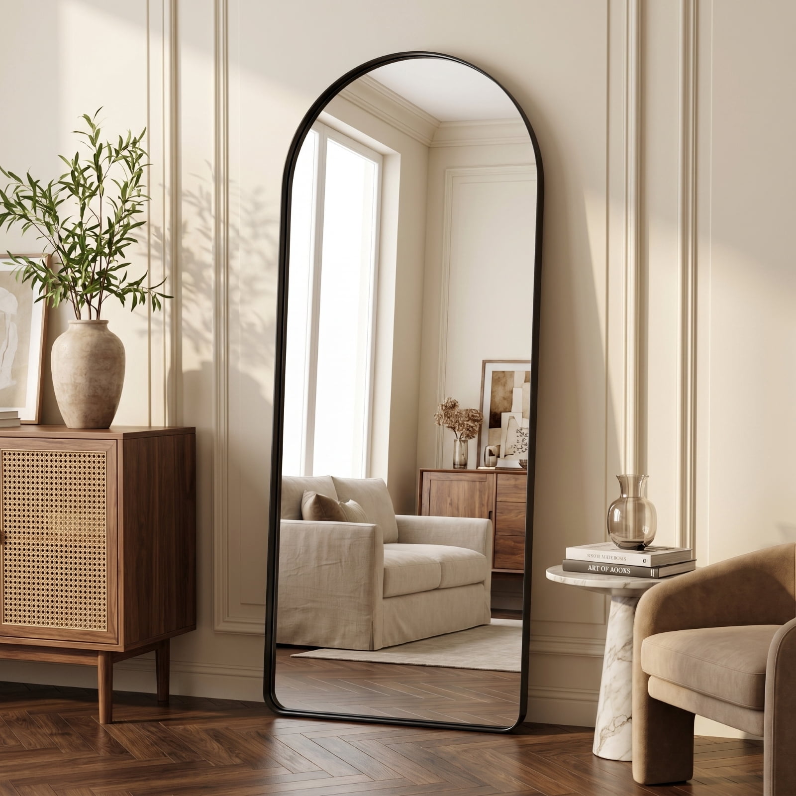 GRAHMCY 21"x64" Arched Floor Mirror Rounded Corner Full Length Mirror with Deep Frame, Black
