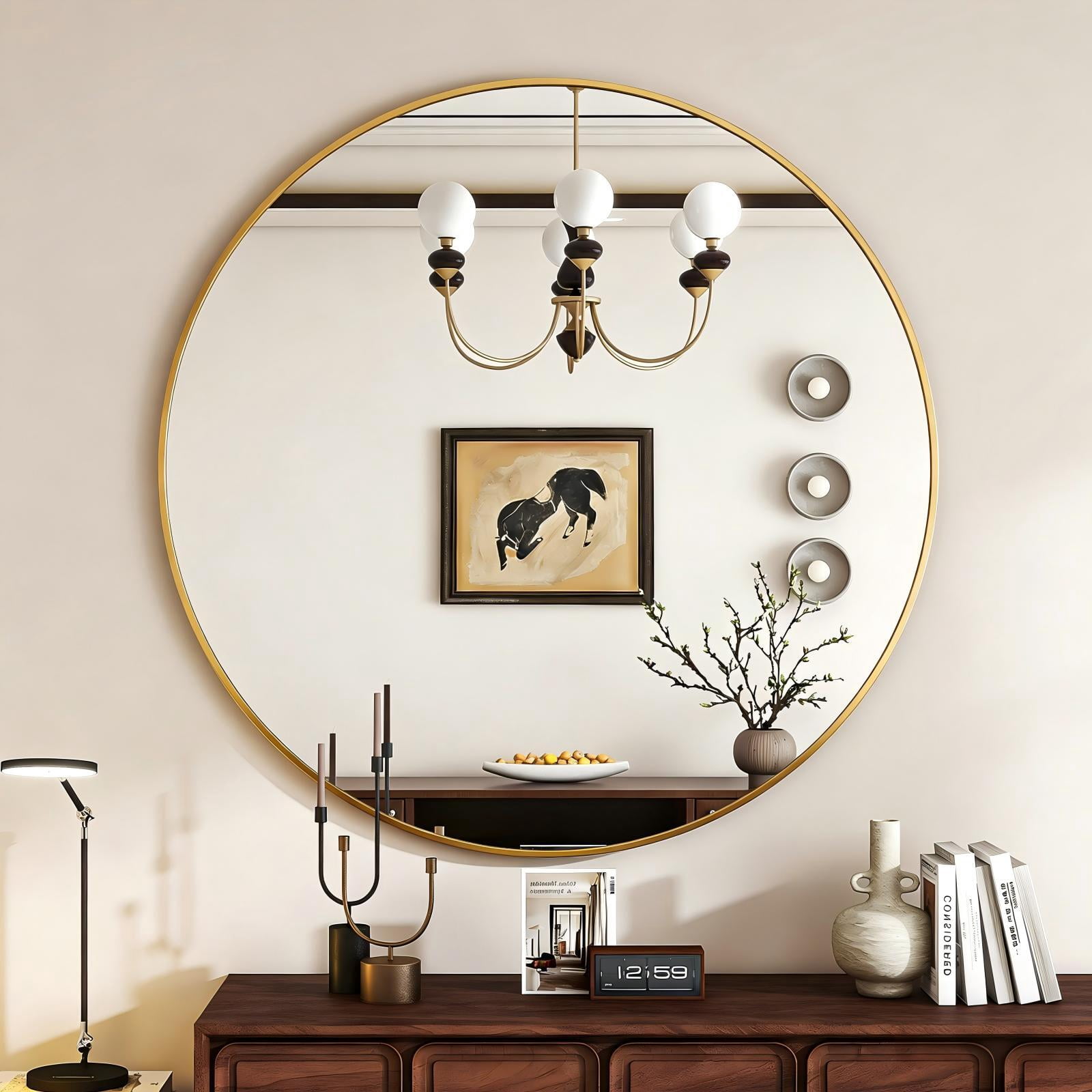 GRAHMCY 24" Round Bathroom Mirror Modern Circle Mirror leaning or Wall Mounted, Gold