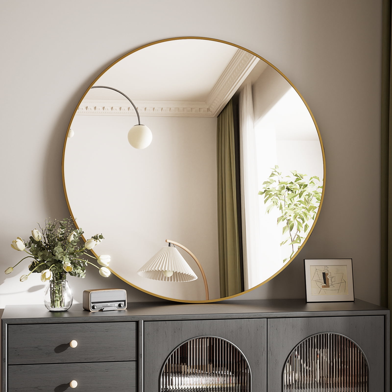 GRAHMCY 24" Round Bathroom Mirror Wall Mirror With Simple Metal Frame, Gold