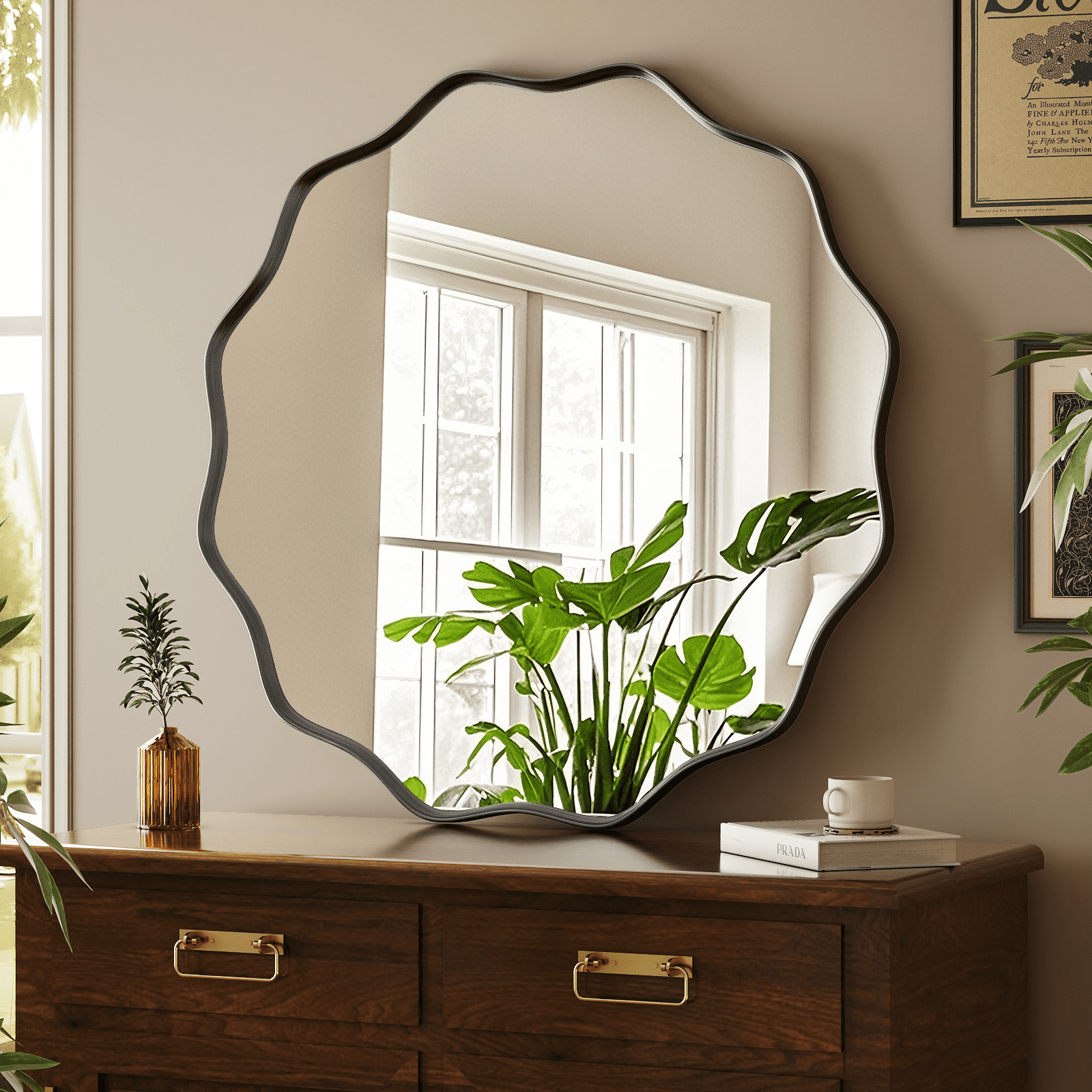 GRAHMCY 24" Wavy Round Bathroom Mirror Decorative Wall Mirror With Deep Frame, Black