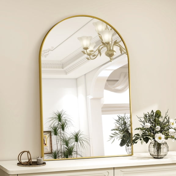 GRAHMCY 24"x36" Arched Bathroom Mirror Wall Mounted Vanity Hanging Mirror, Gold