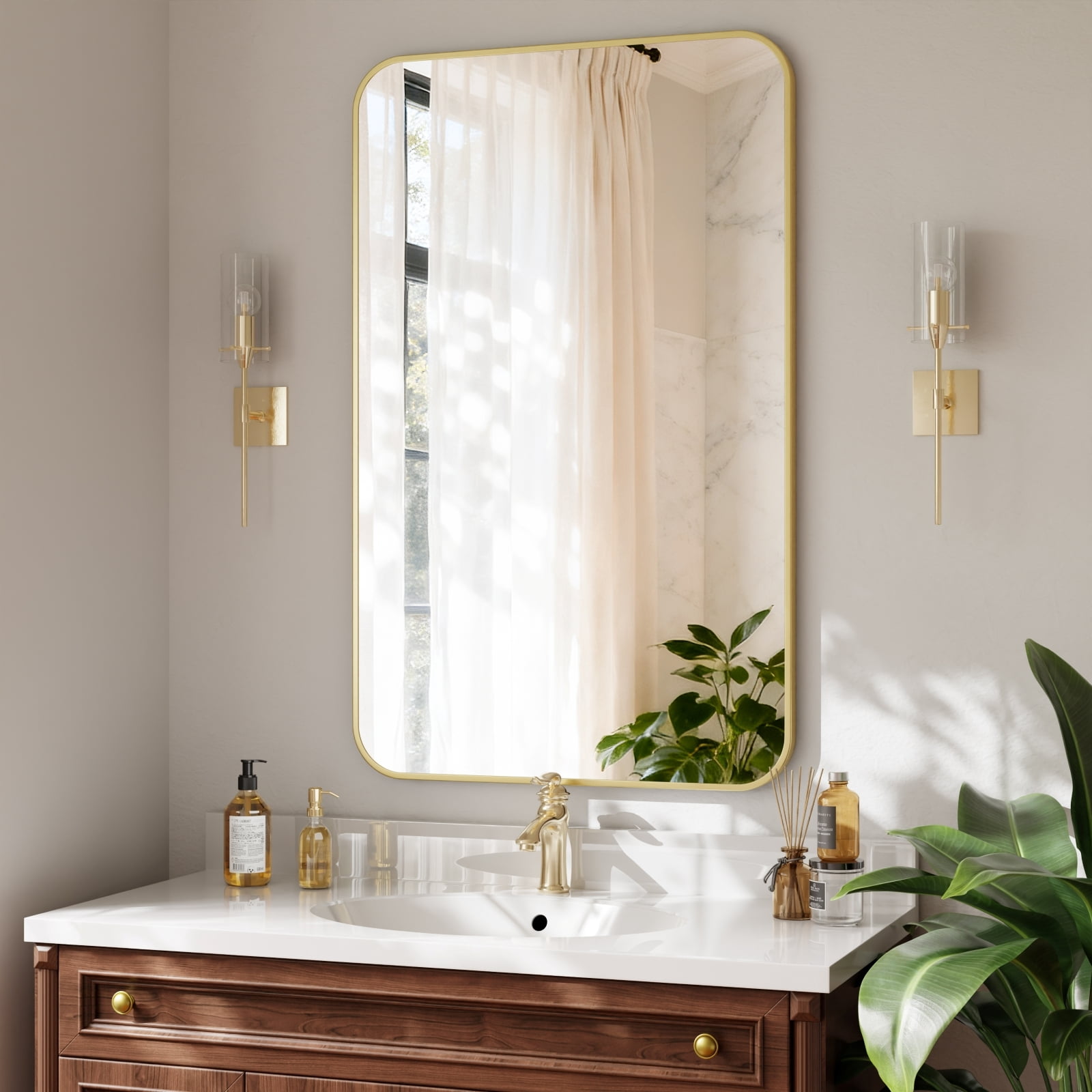 GRAHMCY 24"x36" Bathroom Mirror Wall-Mounted Vanity Mirror with Rectangular Metal Frame, Gold