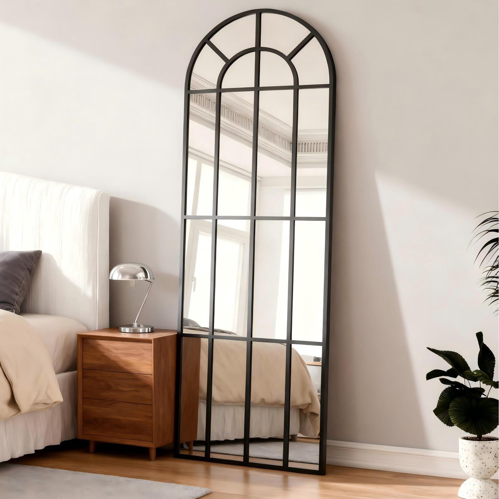 GRAHMCY 25.5"x 69" Arched Windowpane Full Length Floor Mirror, Black