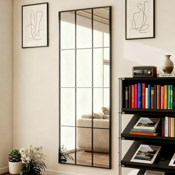 GRAHMCY 25.5"x 69" Rectangular Windowpane Full Length Floor Mirror, Black