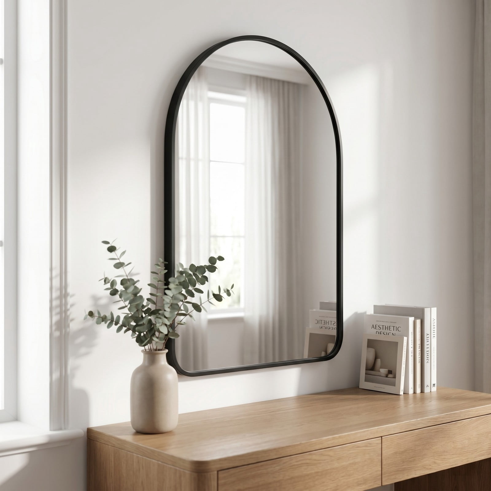 GRAHMCY 26"x38" Arched Bathroom Wall Mirror Rounded Corner Vanity Mirror with Metal Frame, Black