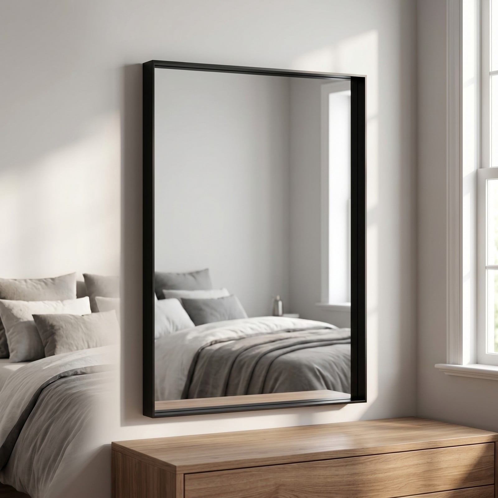 GRAHMCY 28"x32" Bathroom Wall Mounted Mirror Vanity Rectangular Mirror with Deep Frame, Black