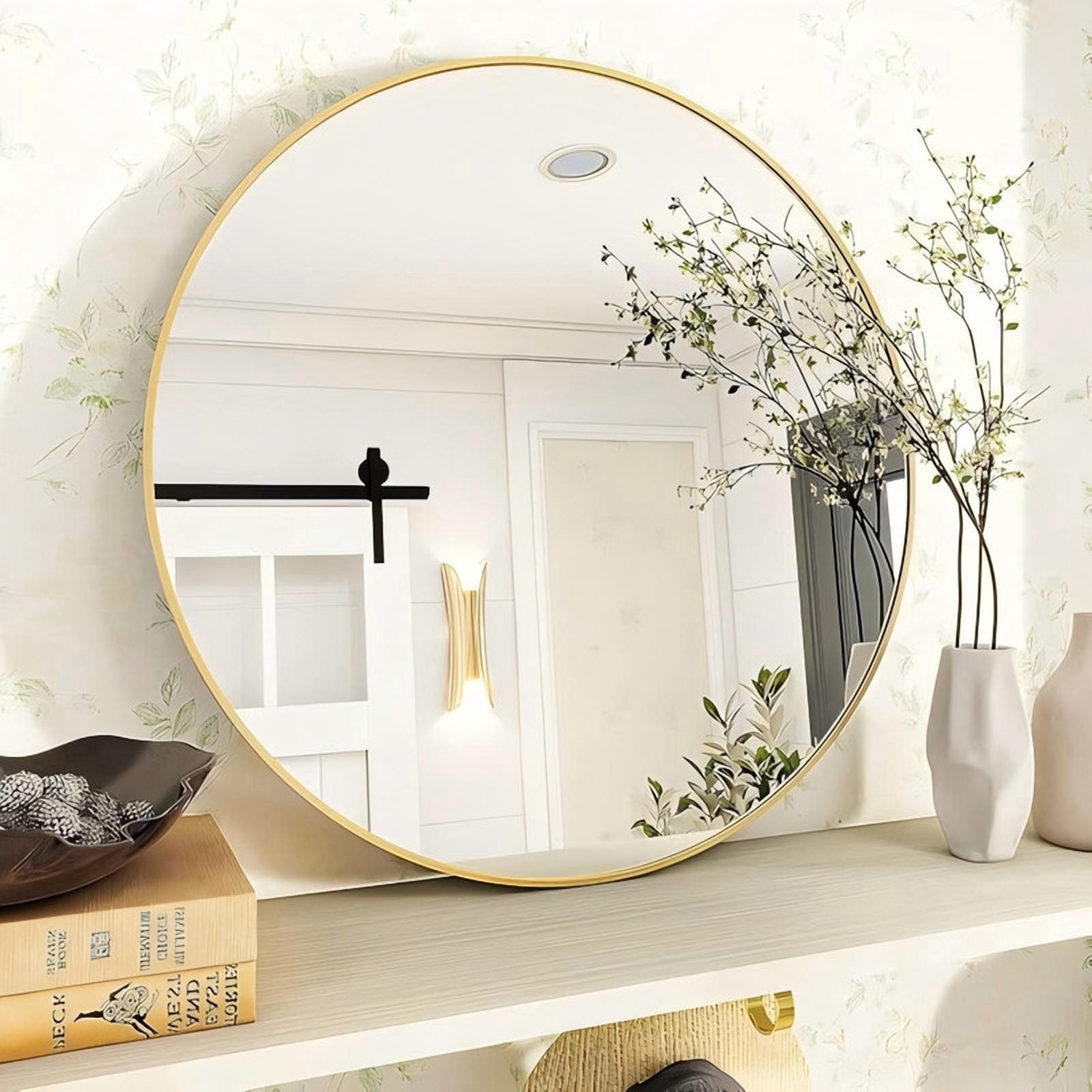GRAHMCY 30" Round Bathroom Mirror Modern Circle Mirror leaning or Wall Mounted, Gold