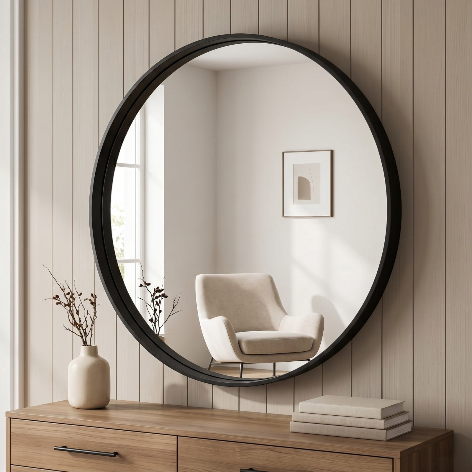 GRAHMCY 30" Round Bathroom Mirror Vanity Wall Mounted Mirror with Deep Frame, Black