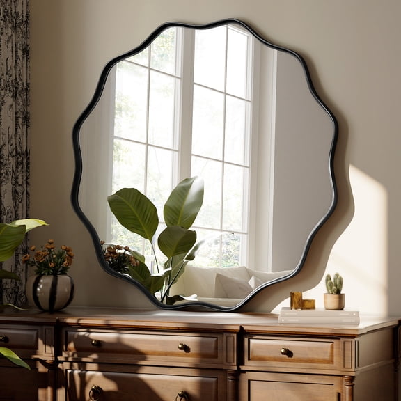 GRAHMCY 30" Wavy Round Bathroom Mirror Decorative Wall Mirror With Deep Frame, Black