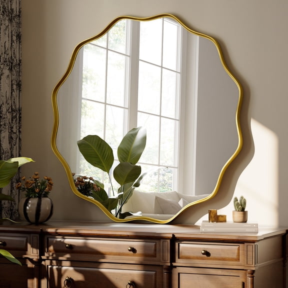 GRAHMCY 30" Wavy Round Bathroom Mirror Decorative Wall Mirror With Deep Frame, Gold