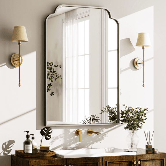 GRAHMCY 30"x20" Bathroom Mirror Arched Wall-Mounted Leaning Vanity Mirror with Deep Frame, Silver