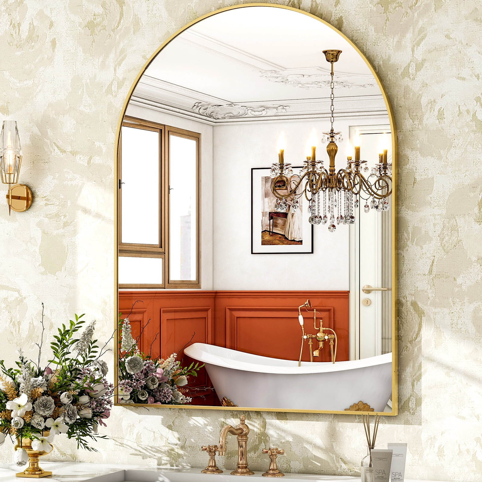 GRAHMCY 30"x40" Arched Bathroom Mirror Wall Mounted Vanity Hanging Mirror, Gold