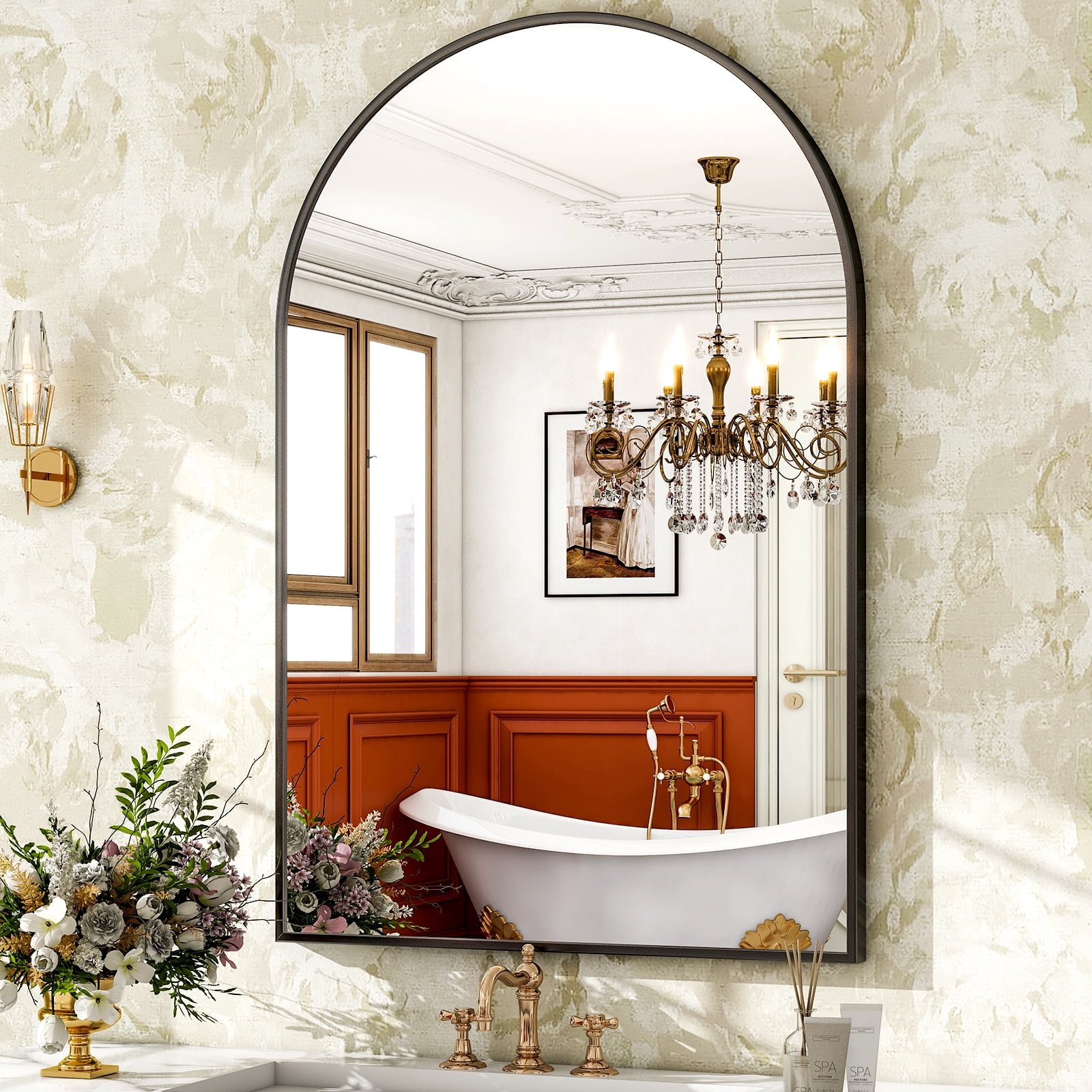 GRAHMCY 30"x40" Arched Bathroom Mirror Wall Mounted Vanity Mirror, Black