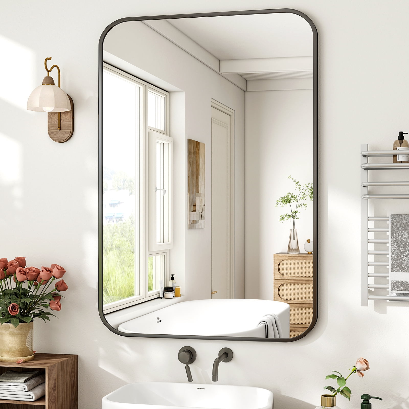 GRAHMCY 30"x40" Bathroom Mirror Wall-Mounted Vanity Mirror with Rectangular Metal Frame, Black