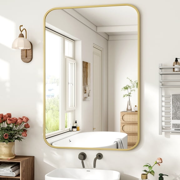 GRAHMCY 30"x40" Bathroom Mirror Wall-Mounted Vanity Mirror with Rectangular Metal Frame, Gold