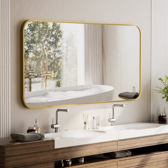 GRAHMCY 30"x48" Bathroom Mirror Wall-Mounted Vanity Mirror with Rectangular Metal Frame, Gold