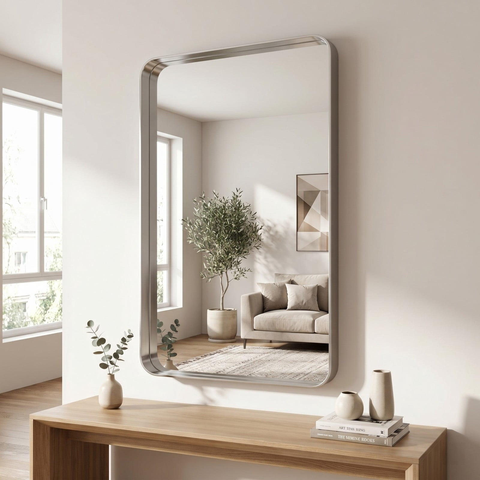 GRAHMCY 30"x50" Rectangular Bathroom Mirror Vanity Wall Mounted Mirror with Deep Frame, Silver