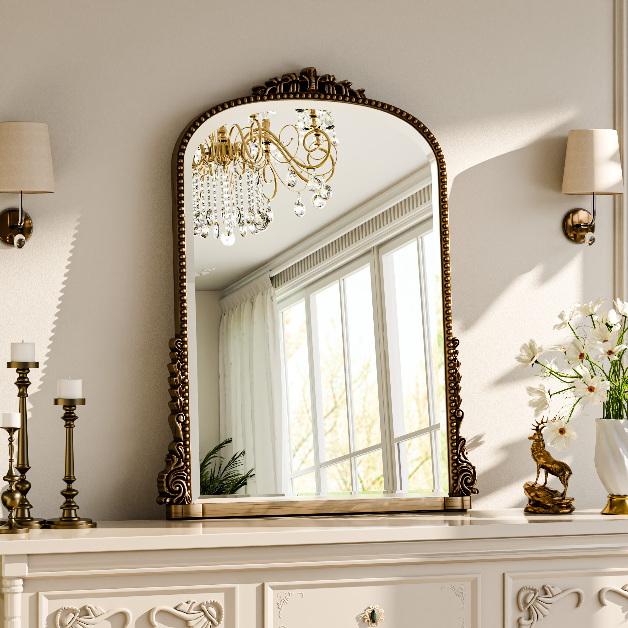 GRAHMCY 32"x 24" Arched Bathroom Mirror Hanging Vanity Mirror Decor Wall Mirror, Antique Bronze