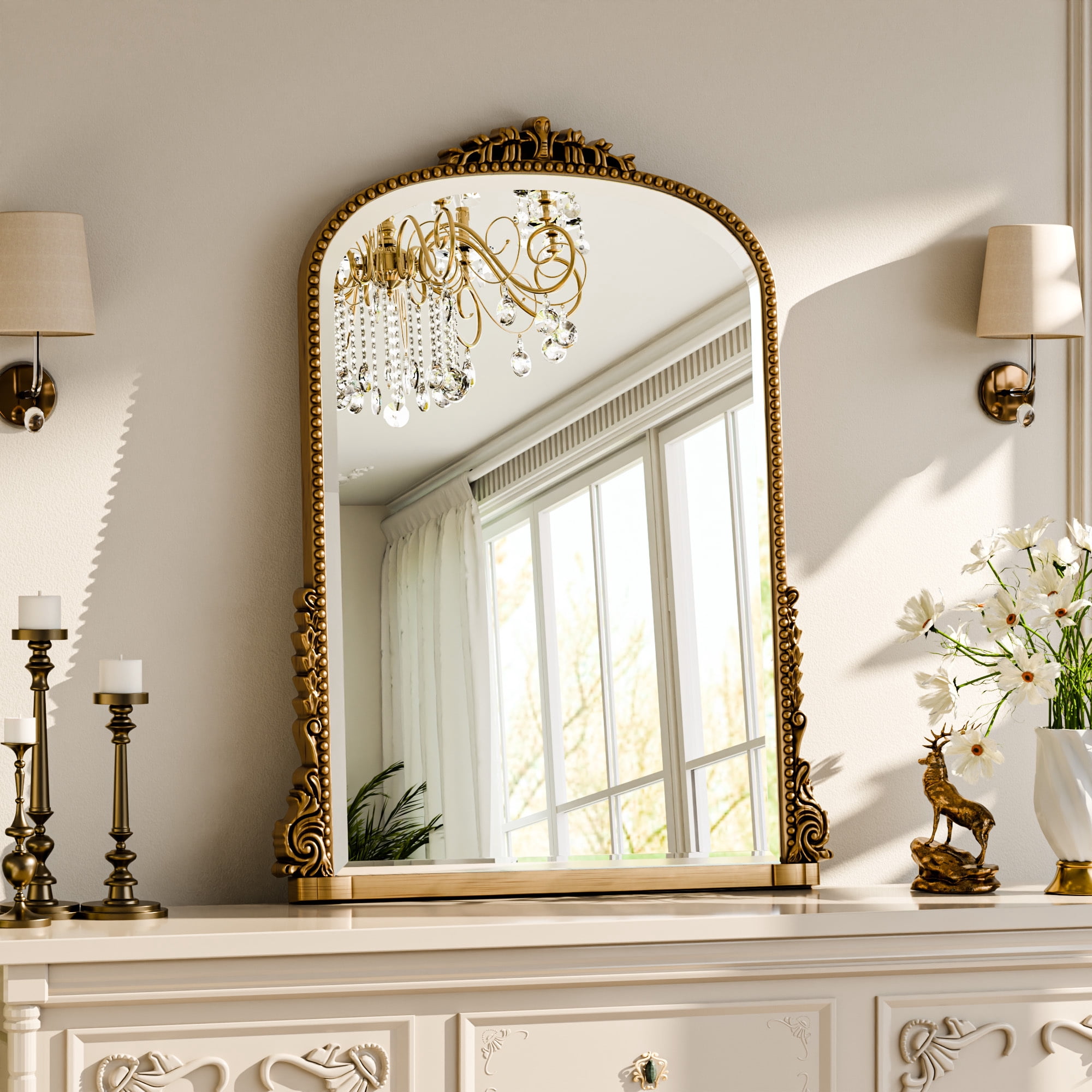 GRAHMCY 32"x 24" Arched Bathroom Mirror Hanging Vanity Mirror Decor Wall Mirror, Antique Gold