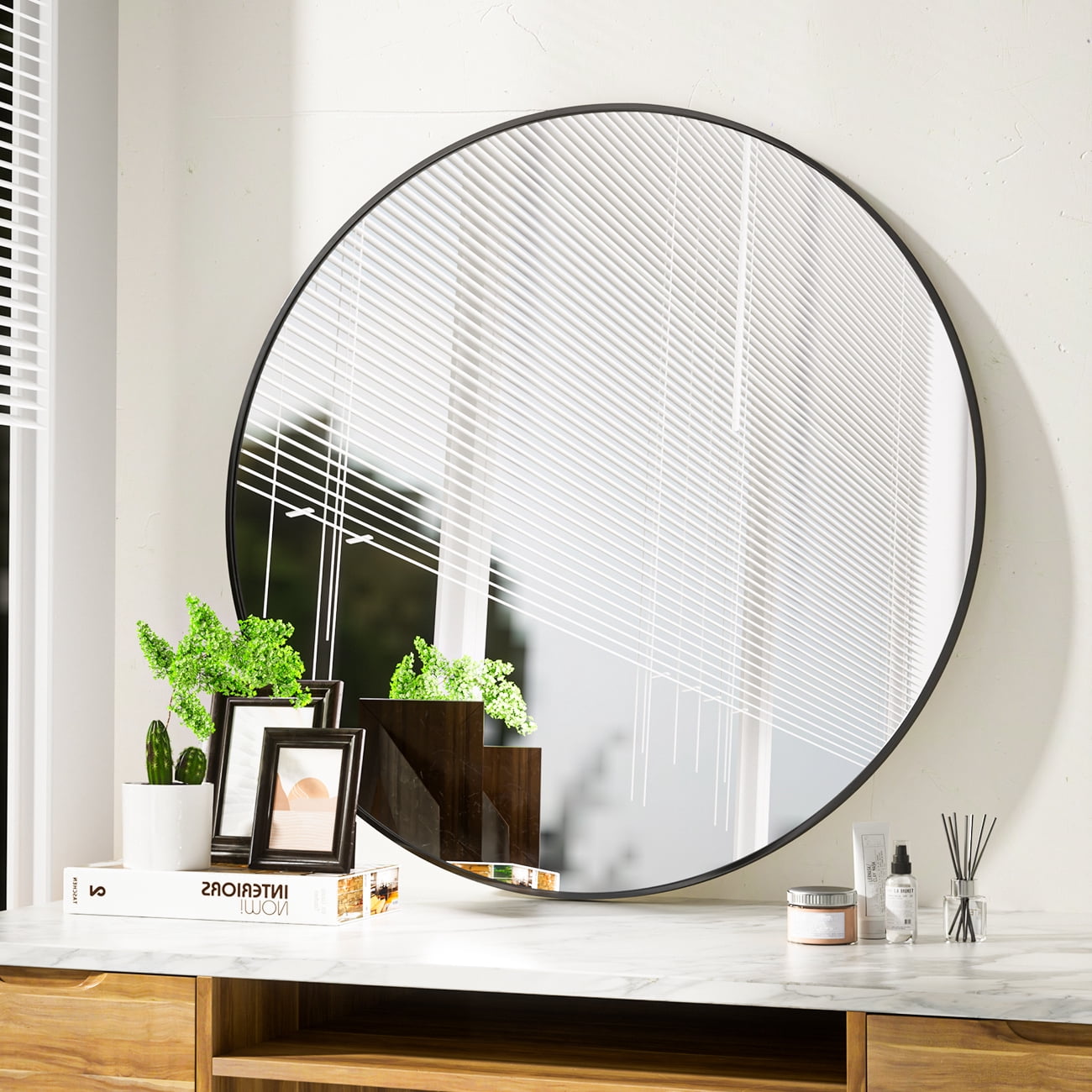 GRAHMCY 36" Round Bathroom Mirror Modern Circle Mirror leaning or Wall Mounted, Black