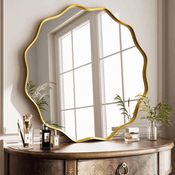 GRAHMCY 36" Wavy Round Bathroom Mirror Decorative Wall Mirror With Deep Frame, Gold