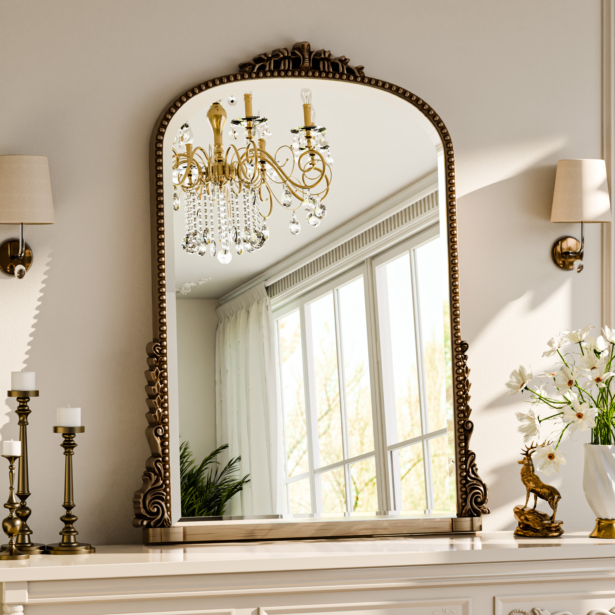 GRAHMCY 40"x 28" Arched Bathroom Mirror Hanging Vanity Mirror Decor Wall Mirror, Antique Bronze