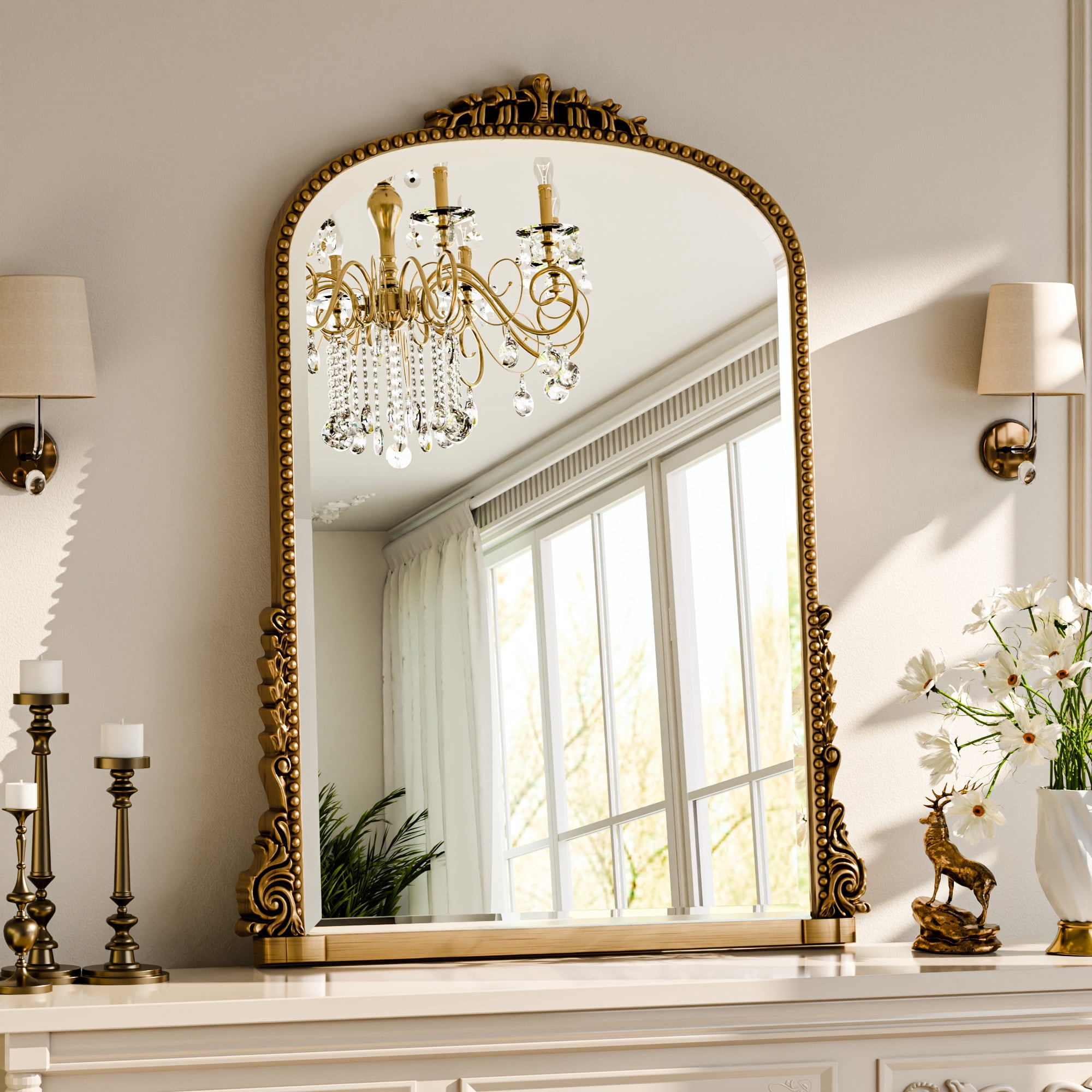 GRAHMCY 40"x 28" Arched Bathroom Mirror Hanging Vanity Mirror Decor Wall Mirror, Antique Gold