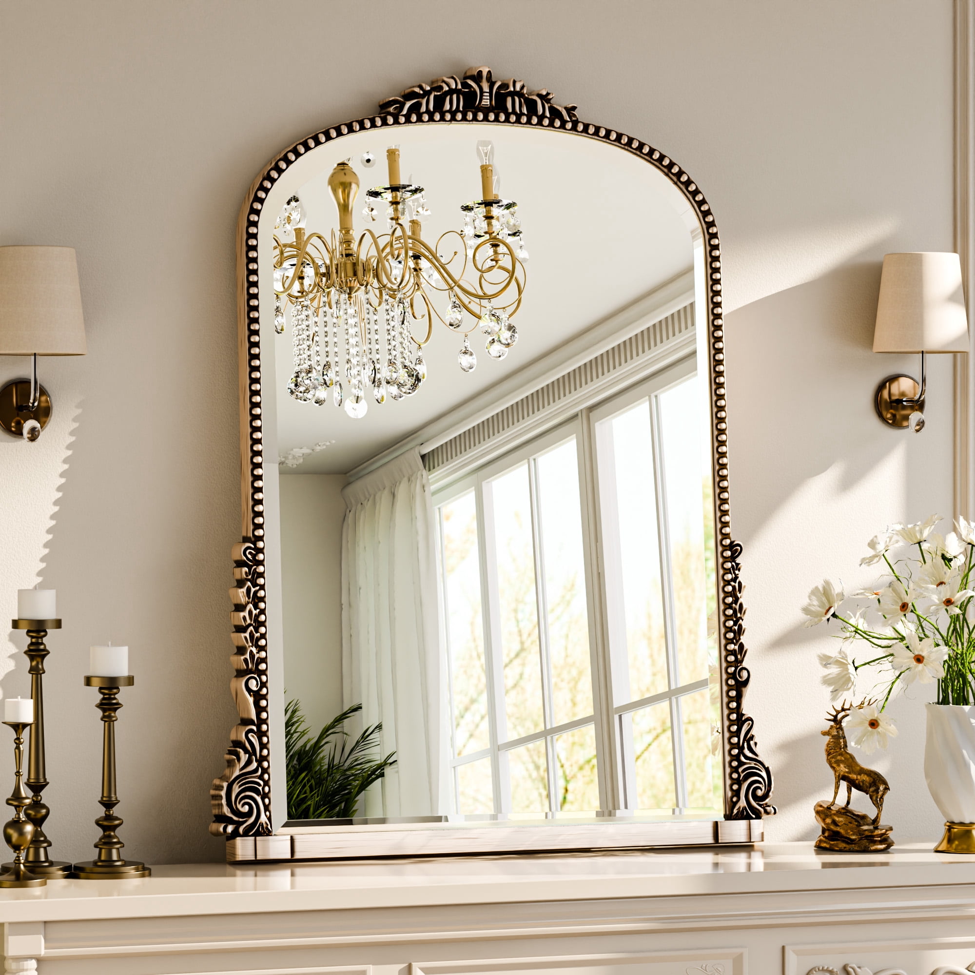 GRAHMCY 40"x 28" Arched Bathroom Mirror Hanging Vanity Mirror Decor Wall Mirror, Antique Silver