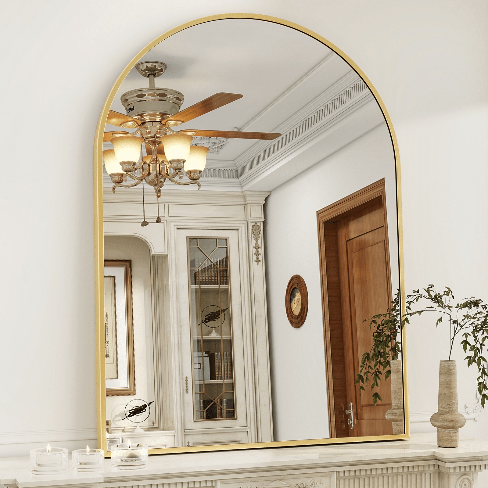 GRAHMCY 40"x30" Arched Bathroom Mirror Wall Mirror With Aluminum Alloy Frame, Gold