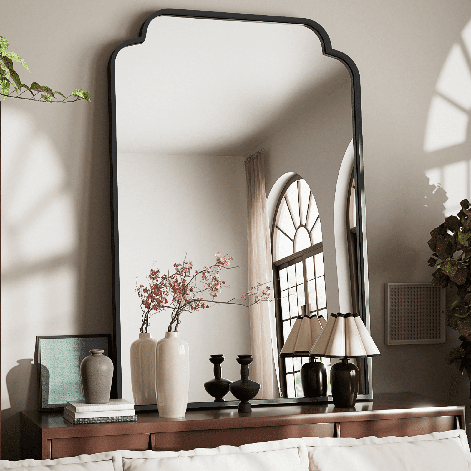 GRAHMCY 40"x30" Bathroom Mirror Arched Wall-Mounted Leaning Vanity Mirror with Deep Frame, Black