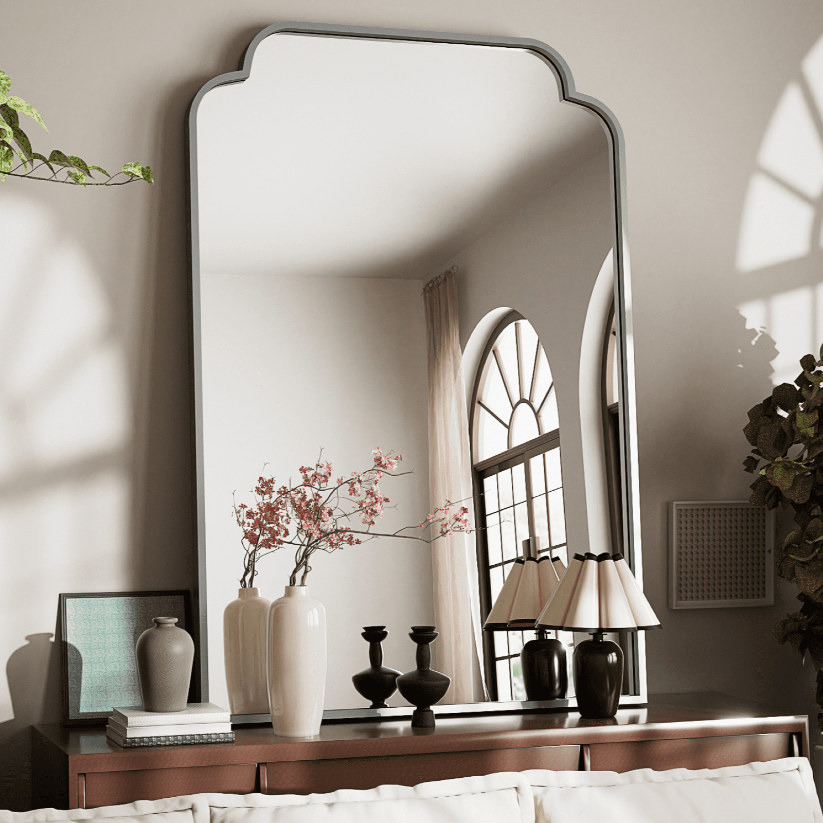 GRAHMCY 40"x30" Bathroom Mirror Arched Wall-Mounted Leaning Vanity Mirror with Deep Frame, Silver