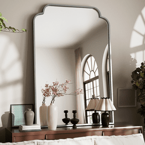 GRAHMCY 40"x30" Bathroom Mirror Arched Wall-Mounted Leaning Vanity Mirror with Deep Frame, Silver