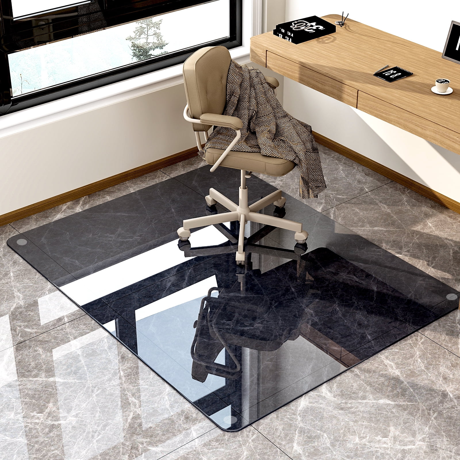 GRAHMCY 46"x55" Office Chair Glass Mat Tempered Glass Mat for Carpeted or Hardwood Floors,Gray