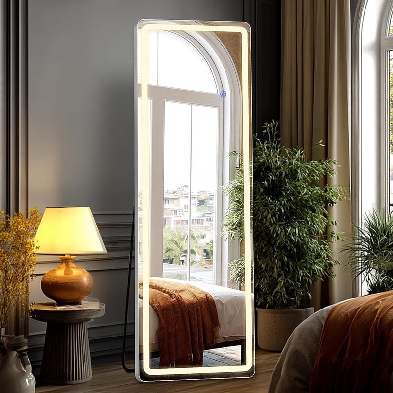 GRAHMCY 60"x 16" LED Rectangular Full Length Mirror Standing Floor Mirror with Rounded Corners,White