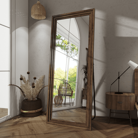 GRAHMCY 65"x22" Rectangle Full Length Mirror Floor Mirror with Solid Wood Frame, Walnut