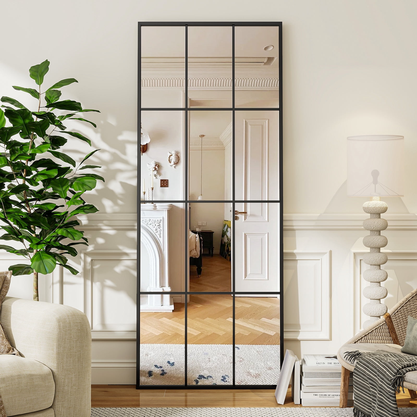 GRAHMCY 65"x25" Full Length Floor Mirror with Windowpane Rectangular Wall-Mounted Mirror, Black