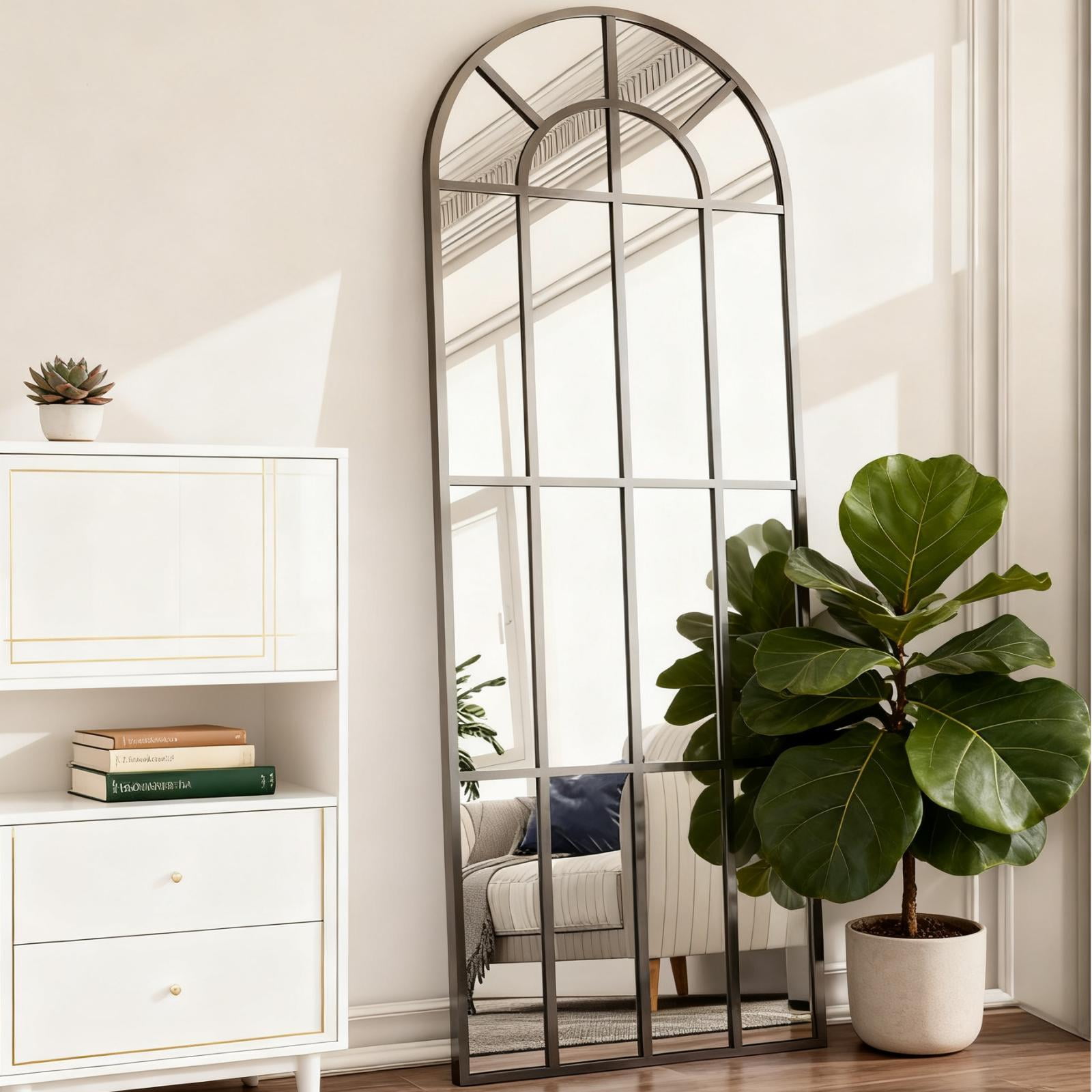 GRAHMCY 69" x 25" Arched Full Length Mirror Windowpane Mirror Full Body Floor Mirror, Black