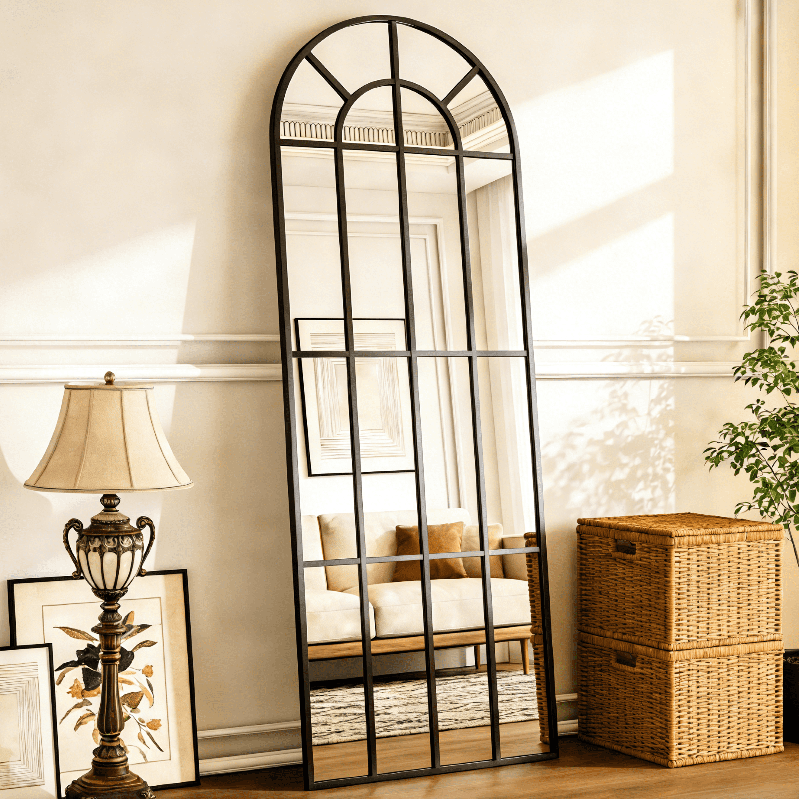 GRAHMCY 69"x25" Arched Full Length Floor Mirror with Windowpane Wall-Mounted Floor Mirror, Black