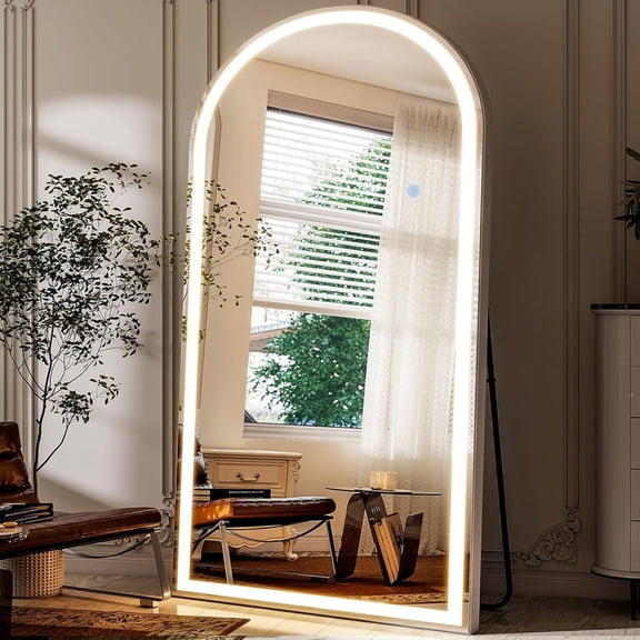 GRAHMCY 71"x 30" LED Arched Full Length Mirror Standing Floor Mirror,White
