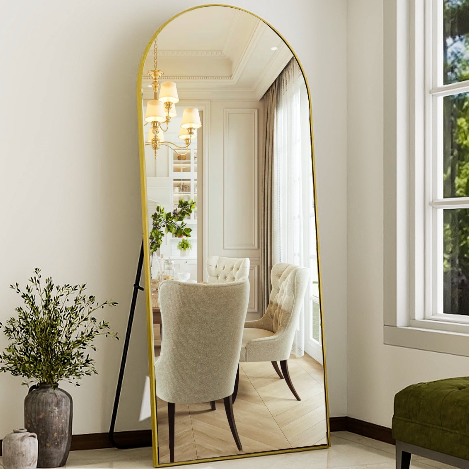 GRAHMCY 71"x30" Arched Full Length Floor Mirror Free-standing Mirror with Aluminum Alloy Frame, Gold