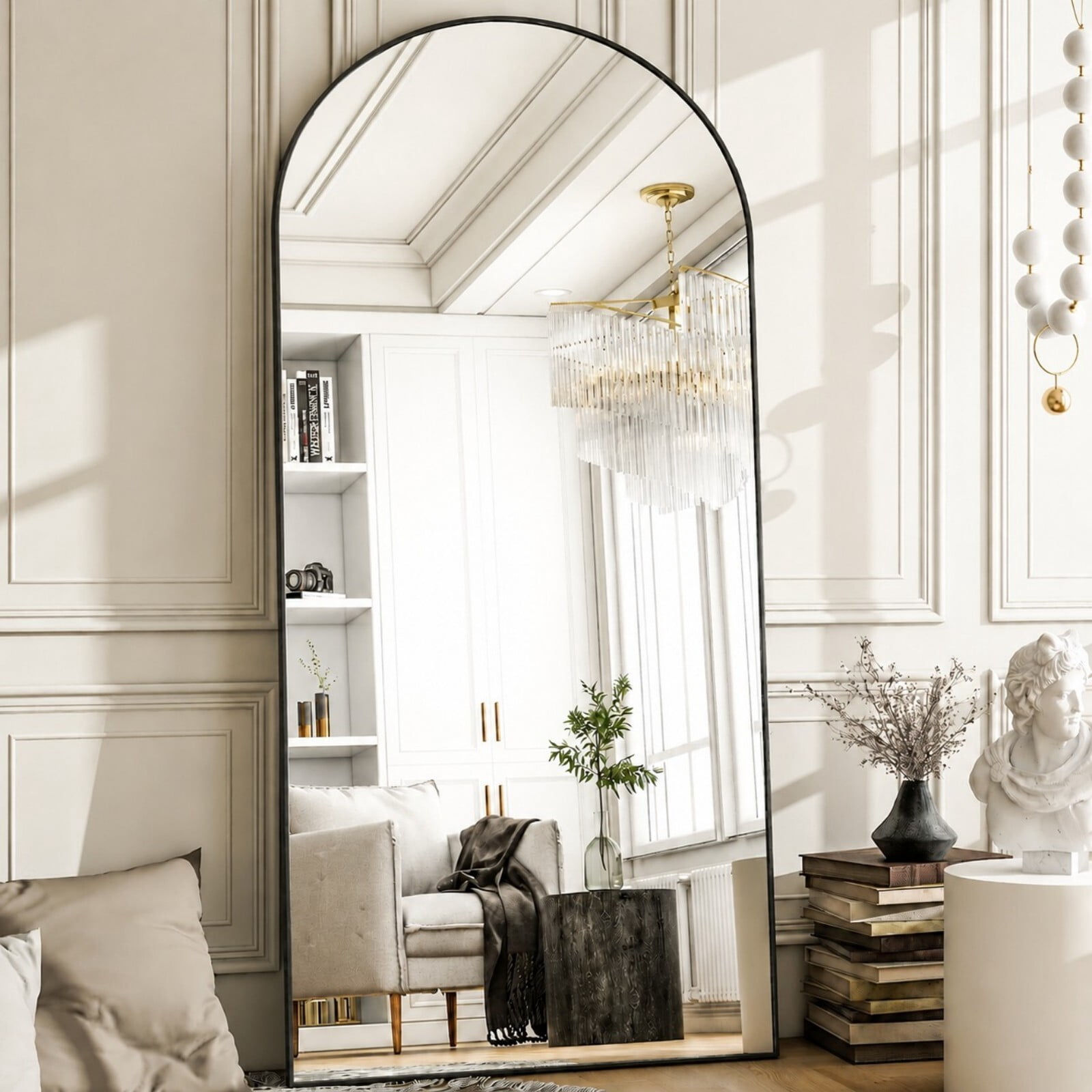 GRAHMCY 76" x 34.3" Large Arched Full Length Mirror Floor Mirror with Stand Wall Mounted, Black