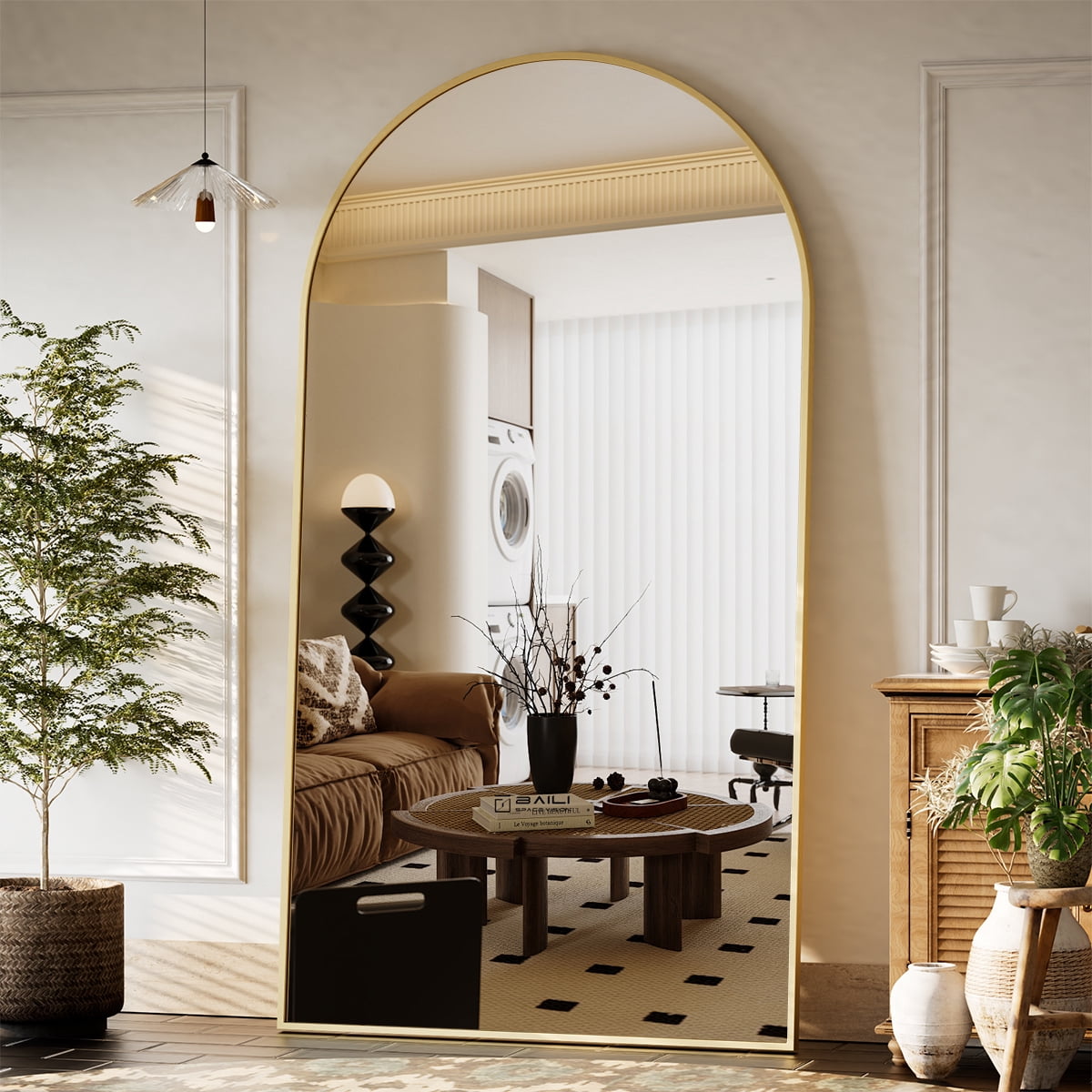 GRAHMCY 77"x38" Arched Full Length Floor Mirror Free-standing Mirror with Aluminum Alloy Frame, Gold